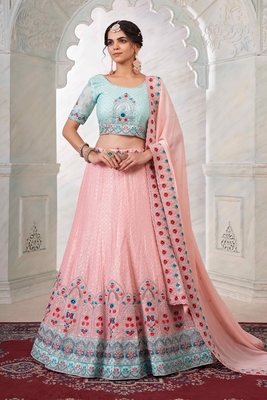 Peach embroidered georgette semi stitched lehenga 1