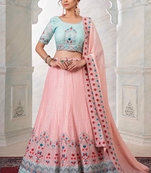 Peach embroidered georgette semi stitched lehenga