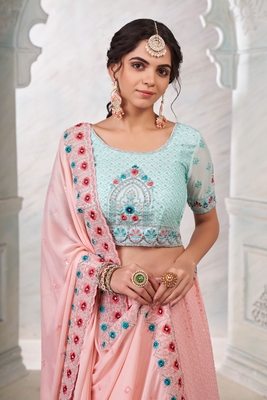 Peach embroidered georgette semi stitched lehenga 3
