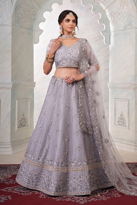 Grey embroidered art silk semi stitched lehenga 1