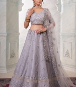 Grey embroidered art silk semi stitched lehenga