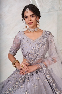 Grey embroidered art silk semi stitched lehenga 3