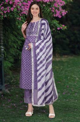 Trendmalls Light Purple Slub Cotton Bandhani Print Party Wear Kurta Pant with Dupatta Salwar Suit Set 1