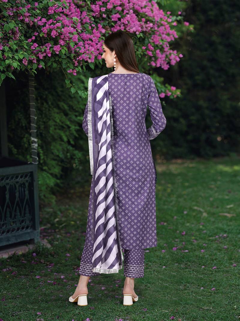 Trendmalls Light Purple Slub Cotton Bandhani Print Party Wear Kurta Pant with Dupatta Salwar Suit Set