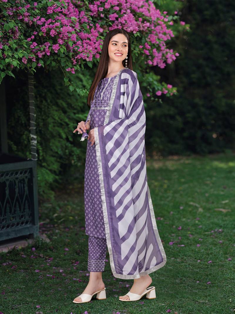 Trendmalls Light Purple Slub Cotton Bandhani Print Party Wear Kurta Pant with Dupatta Salwar Suit Set