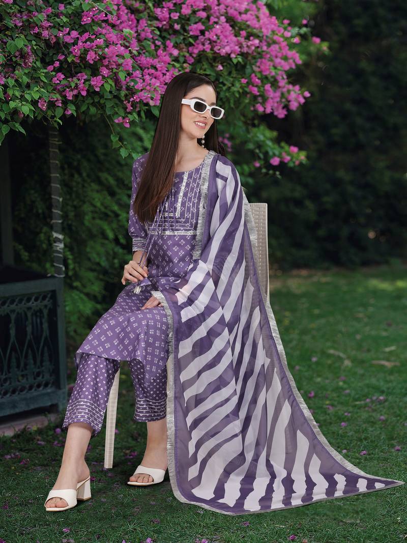 Trendmalls Light Purple Slub Cotton Bandhani Print Party Wear Kurta Pant with Dupatta Salwar Suit Set