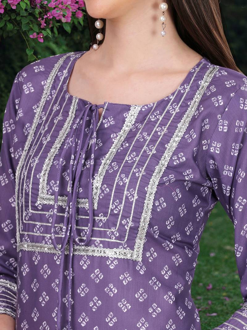 Trendmalls Light Purple Slub Cotton Bandhani Print Party Wear Kurta Pant with Dupatta Salwar Suit Set