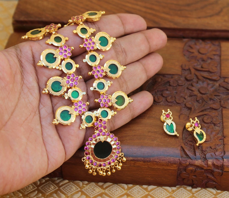 Kerala traditional high gold palakka green necklace set