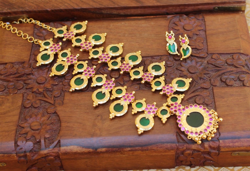 Kerala traditional high gold palakka green necklace set