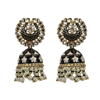 Gold Plated Indian Traditional Black Pearl Chandbali Dangle Drop Earrings For Women & Girls 1