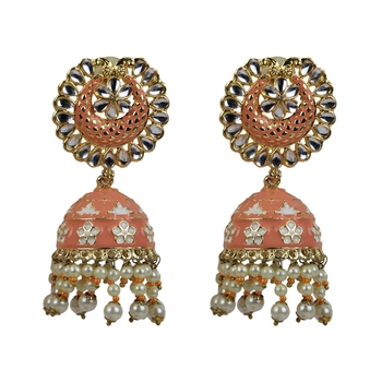 Gold Plated Indian Traditional Pink Pearl Chandbali Dangle Drop Earrings For Women & Girls 1