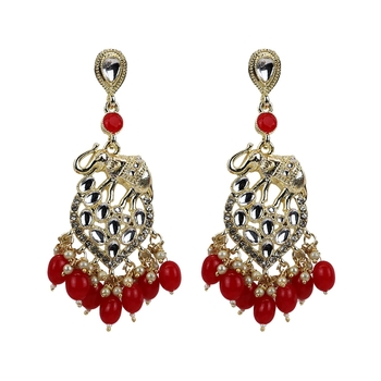 Gold Plated Traditional Kundan Red Pearl Chandbali Dangle Drop Earrings For Women & Girls 1