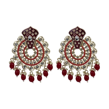 Traditional Kundan Maroon Pearl Chandbali Dangle Drop Earrings For Women & Girls 1