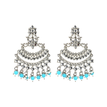 Silver Plated Turquoise Pearl Chandbali Dangle Drop Earrings For Women & Girls 1