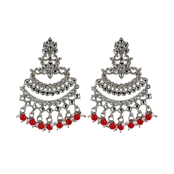Silver Plated Red Pearl Chandbali Dangle Drop Earrings For Women & Girls 1