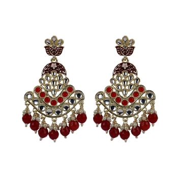 Gold Plated Red Pearl Chandbali Dangle Drop Earrings For Women & Girls 1