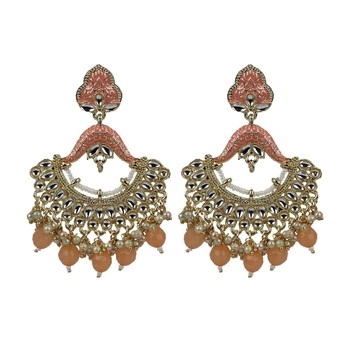 Gold Plated Pink Pearl Chandbali Dangle Drop Earrings For Women & Girls 1