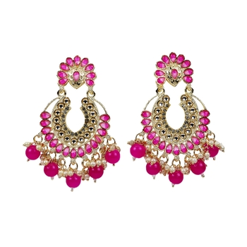 Traditional Indian Wedding Gold Plated Pink Chandbali Drop Earrings For Women/Girls 1