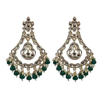 Gold Plated Elegant Diamond Studded Green Earrings - Perfect For Indian Weddings 1