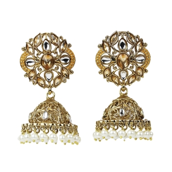 Gold Plated Diamond Studded Kundan Earrings - Ideal For Indian Weddings 1