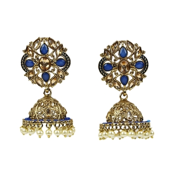 Gold Plated Blue Elegant Diamond Studded Kundan Earrings For Women 1