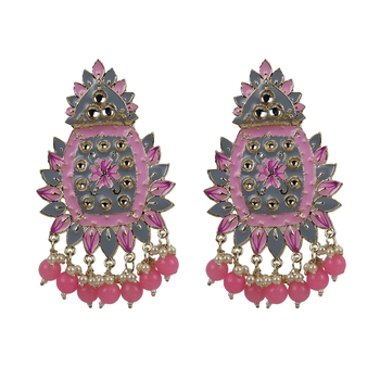 Gold-Plated Indian Traditional Kundan Dangle Drop Pink Earrings For Women & Girls 1