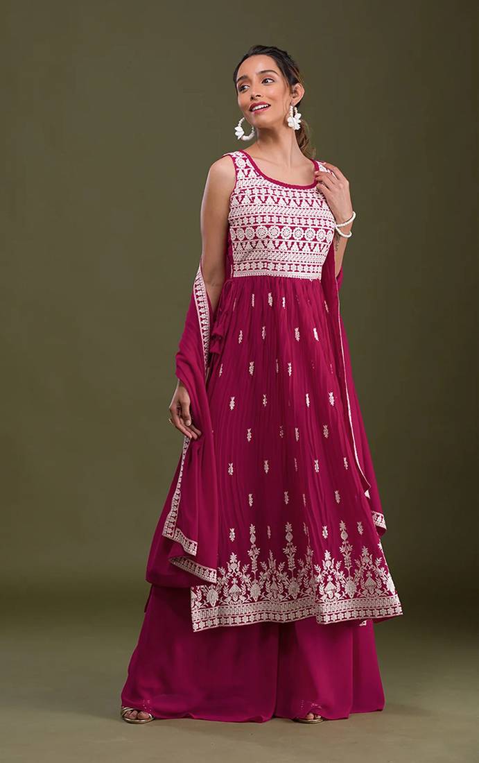 Faux Georgette Embroidered Trendy Salwar Suit in Rani Pink
