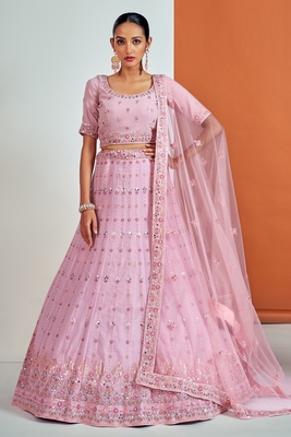 Pink embroidered georgette semi stitched lehenga 1