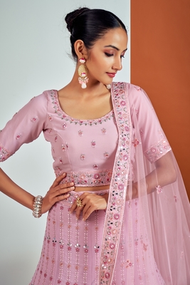 Pink embroidered georgette semi stitched lehenga 3