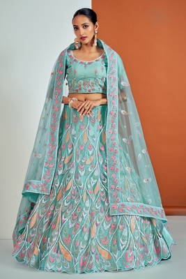 Turquoise embroidered net semi stitched lehenga 1