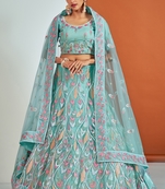 Turquoise embroidered net semi stitched lehenga