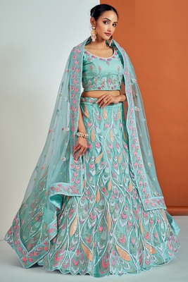 Turquoise embroidered net semi stitched lehenga 2