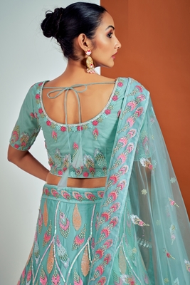 Turquoise embroidered net semi stitched lehenga 3