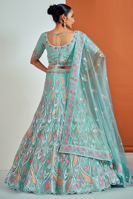 Turquoise embroidered net semi stitched lehenga 4