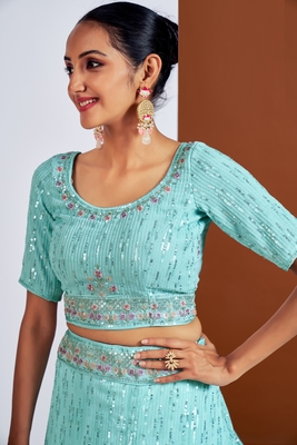 Turquoise embroidered georgette semi stitched lehenga 2