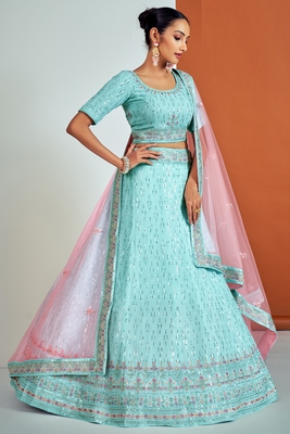 Turquoise embroidered georgette semi stitched lehenga 3