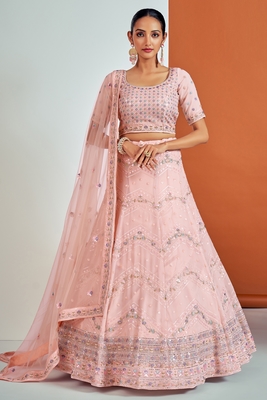 Peach embroidered georgette semi stitched lehenga 1