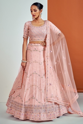 Peach embroidered georgette semi stitched lehenga 2