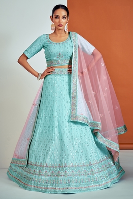 Turquoise embroidered georgette semi stitched lehenga 1