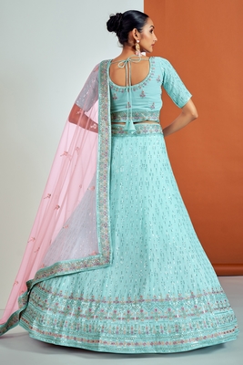 Turquoise embroidered georgette semi stitched lehenga 4