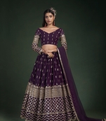 Wine embroidered georgette semi stitched lehenga