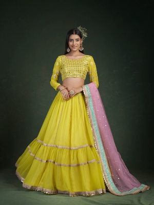 Yellow embroidered georgette semi stitched lehenga 1