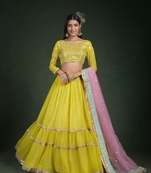 Yellow embroidered georgette semi stitched lehenga