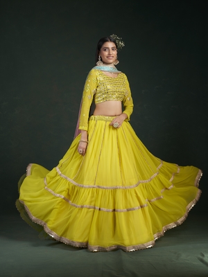 Yellow embroidered georgette semi stitched lehenga 2