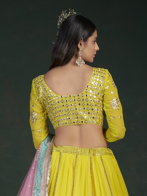 Yellow embroidered georgette semi stitched lehenga 3
