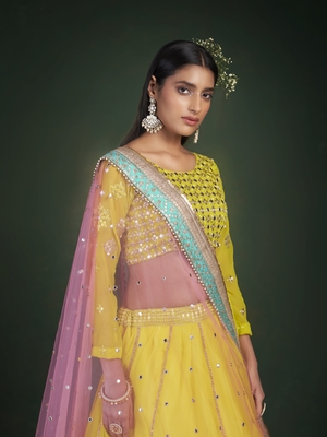 Yellow embroidered georgette semi stitched lehenga 4