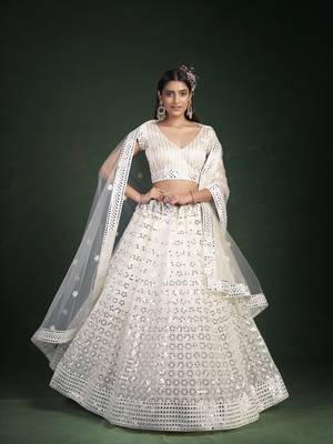 White embroidered georgette semi stitched lehenga 1