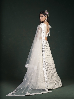 White embroidered georgette semi stitched lehenga 2