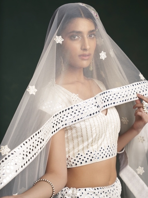 White embroidered georgette semi stitched lehenga 3