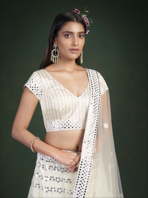 White embroidered georgette semi stitched lehenga 4